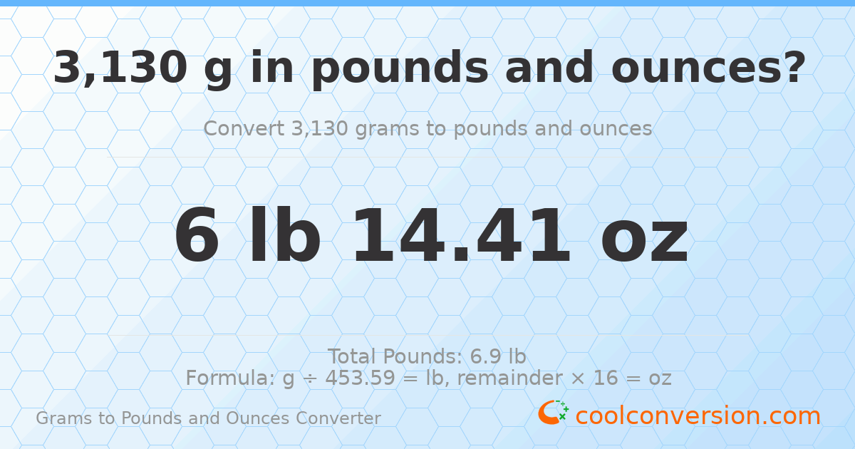 3130 g to lb and oz — 3130 g = 6 lb 14.41 oz