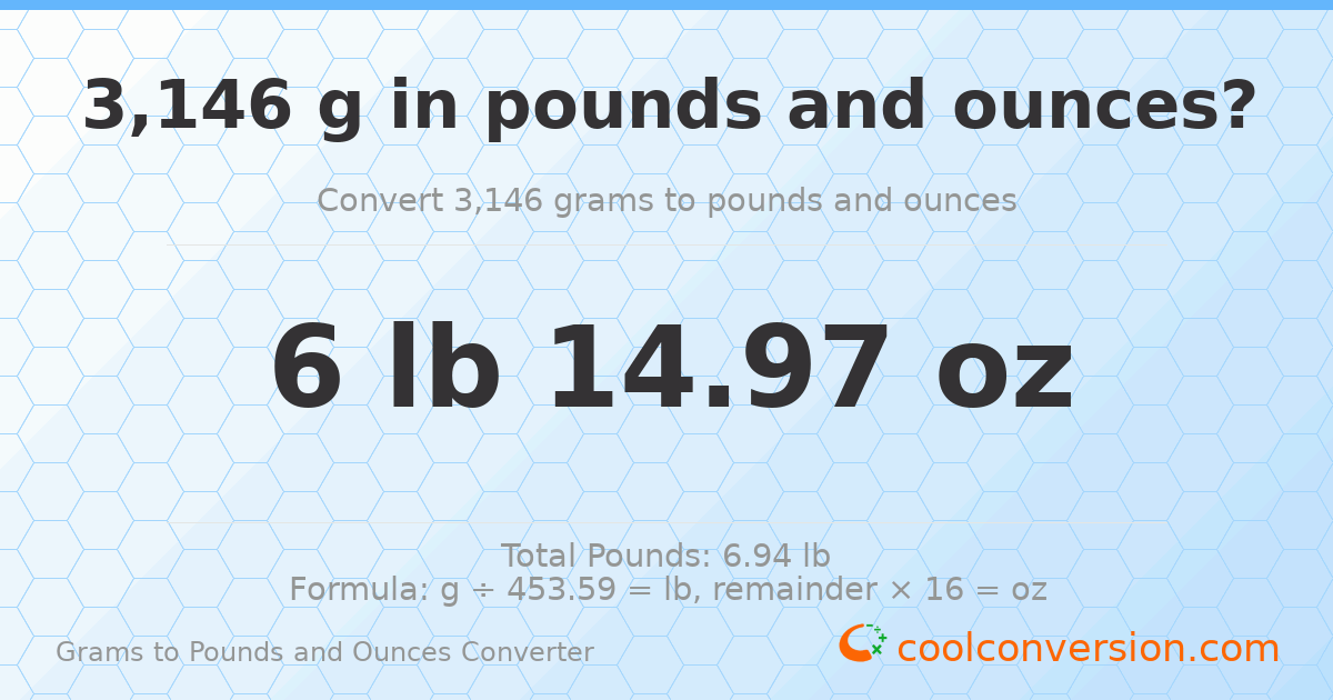 3146 g to lb and oz — 3146 g = 6 lb 14.97 oz