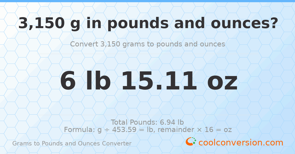 3150 g to lb and oz — 3150 g = 6 lb 15.11 oz