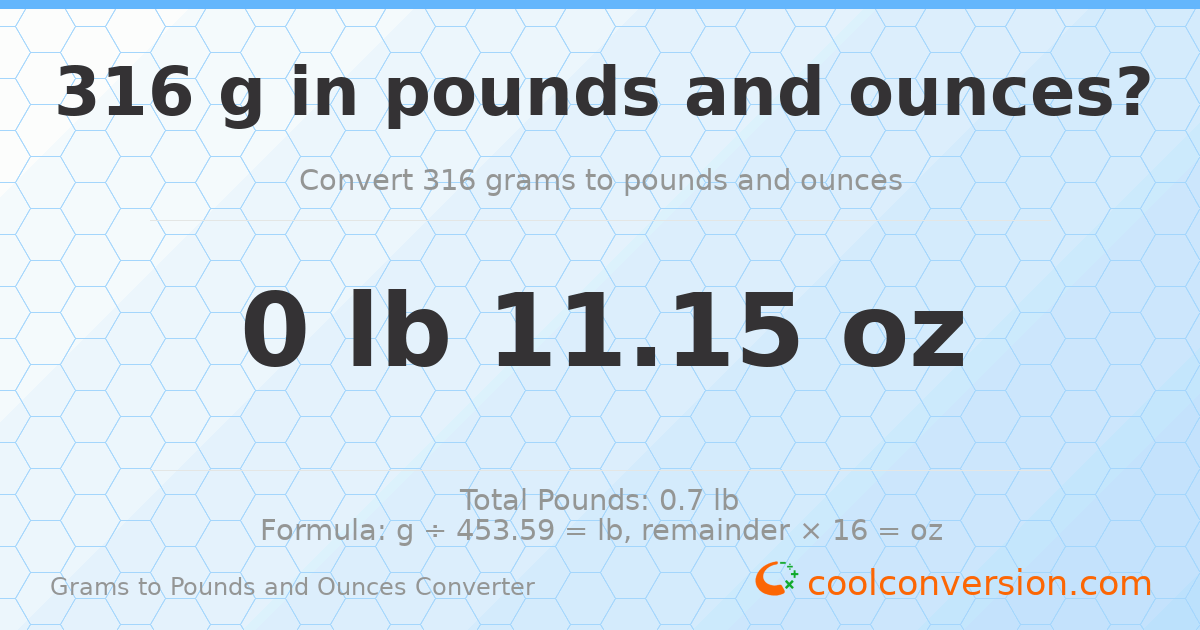 316 g to lb and oz — 316 g = 0 lb 11.15 oz