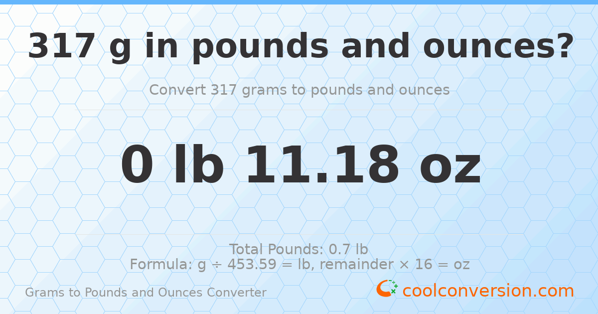 317 g to lb and oz — 317 g = 0 lb 11.18 oz