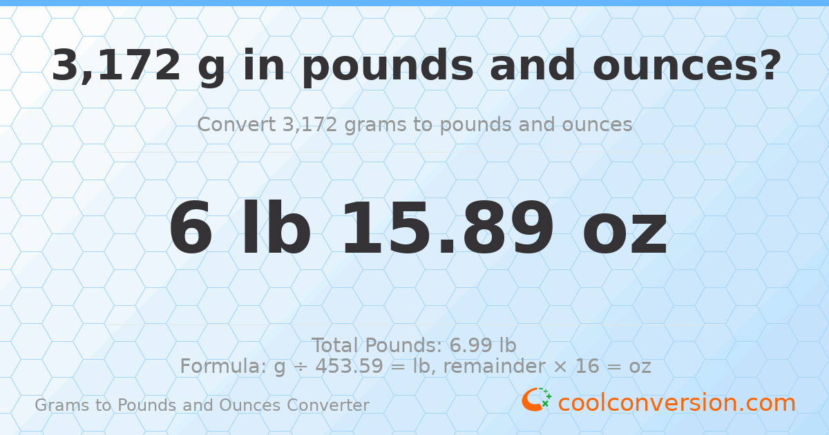 3172 g to lb and oz — 3172 g = 6 lb 15.89 oz