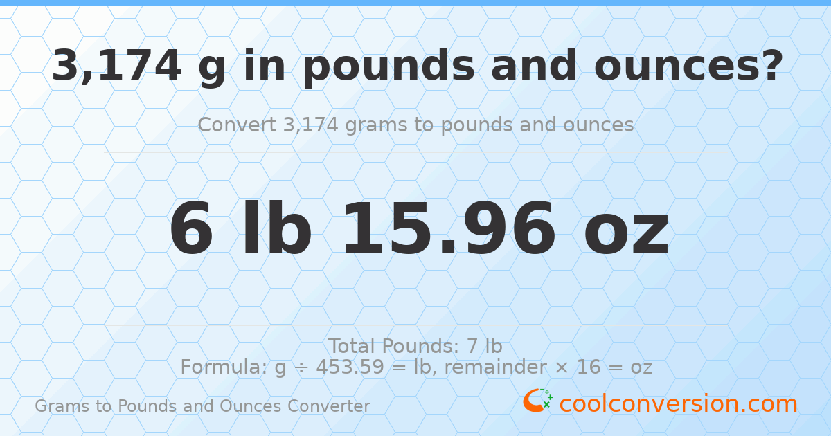 3174 g to lb and oz — 3174 g = 6 lb 15.96 oz