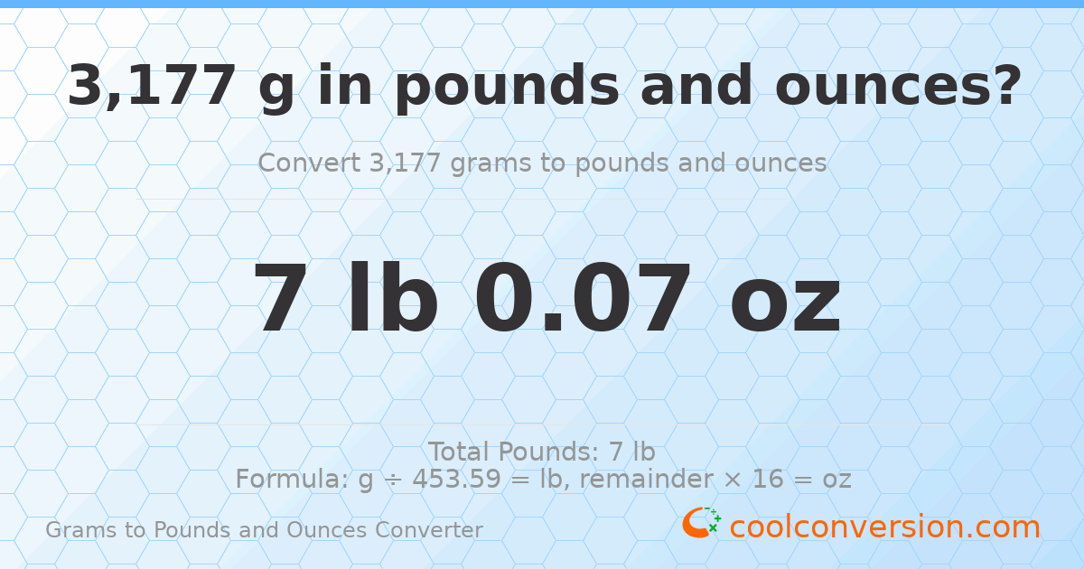 3177 g to lb and oz — 3177 g = 7 lb 0.07 oz