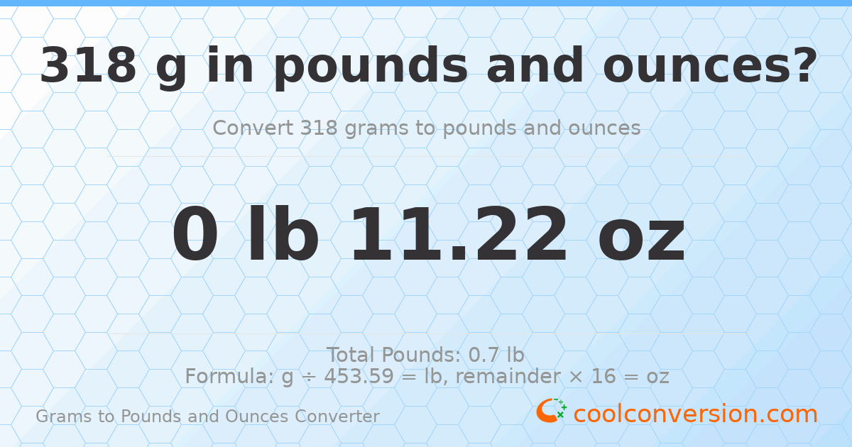 318 g to lb and oz — 318 g = 0 lb 11.22 oz