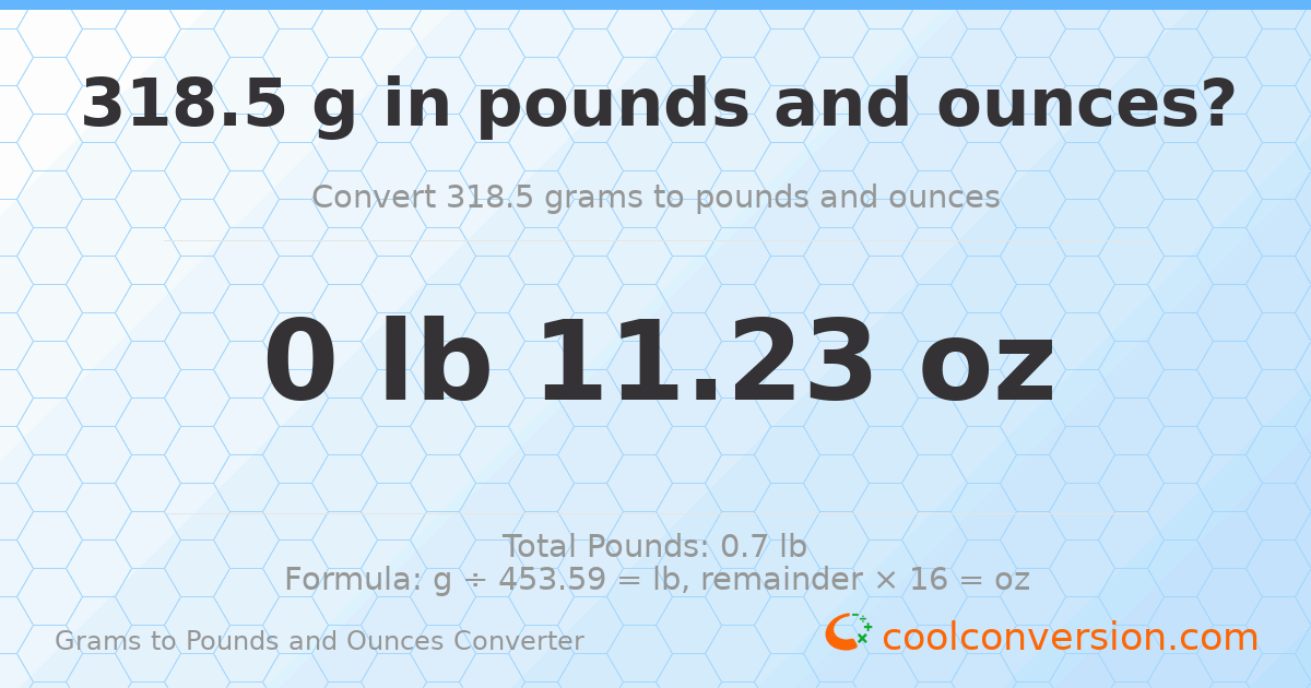 318.5 g to lb and oz — 318.5 g = 0 lb 11.23 oz