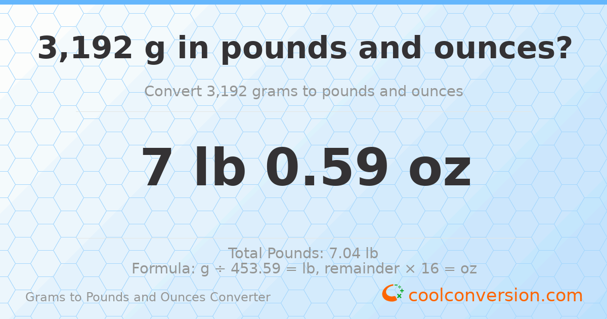 3192 g to lb and oz — 3192 g = 7 lb 0.59 oz