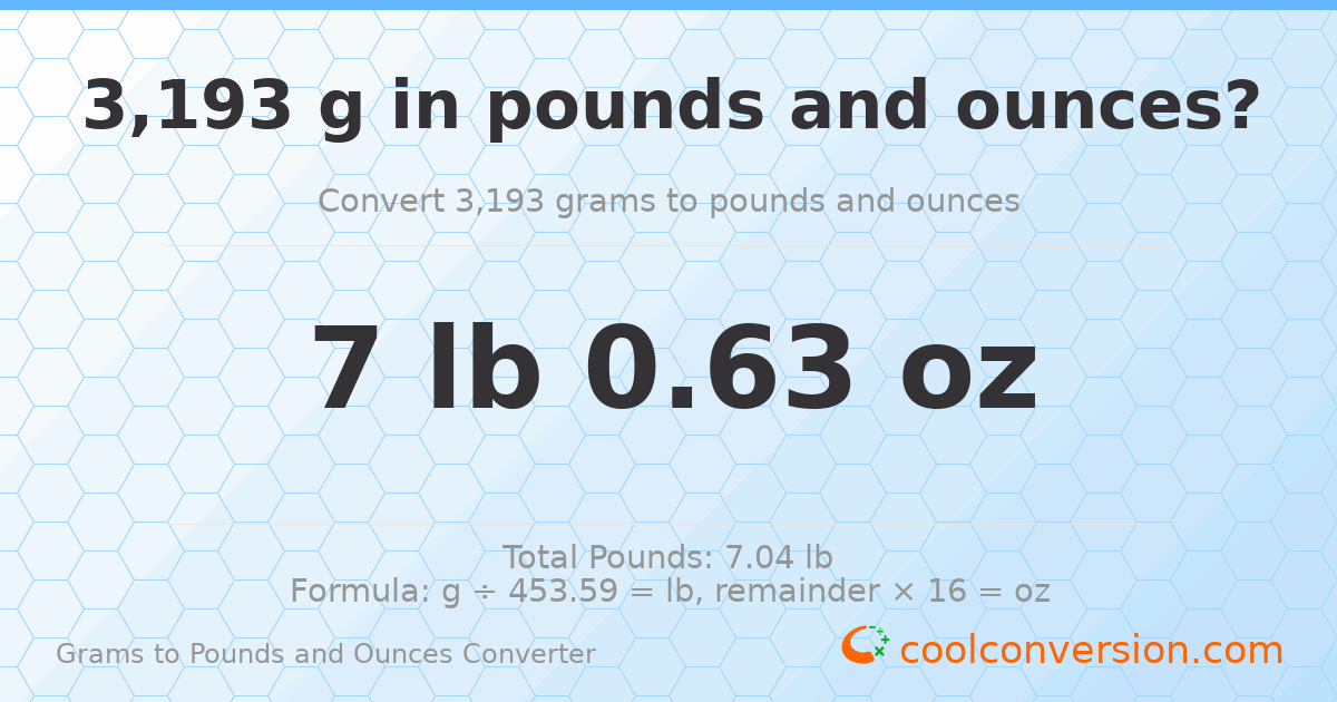 3193 g to lb and oz — 3193 g = 7 lb 0.63 oz