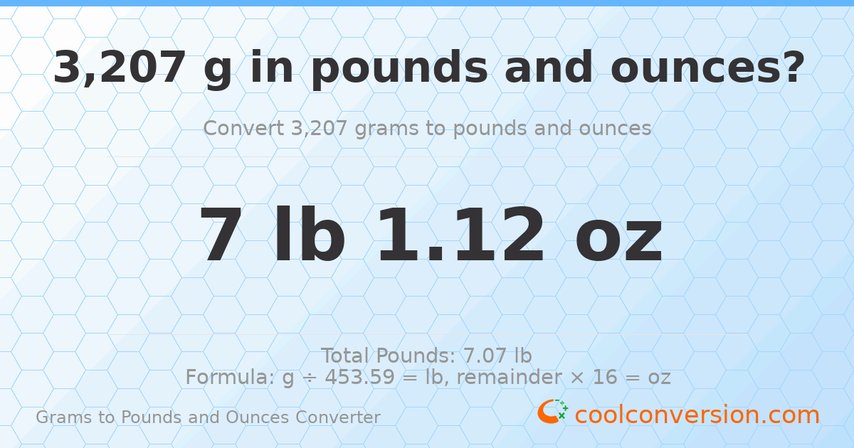 3207 g to lb and oz — 3207 g = 7 lb 1.12 oz