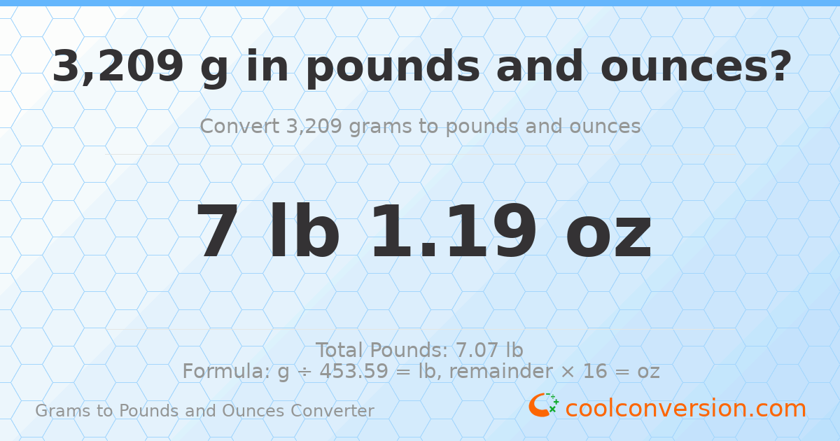 3209 g to lb and oz — 3209 g = 7 lb 1.19 oz