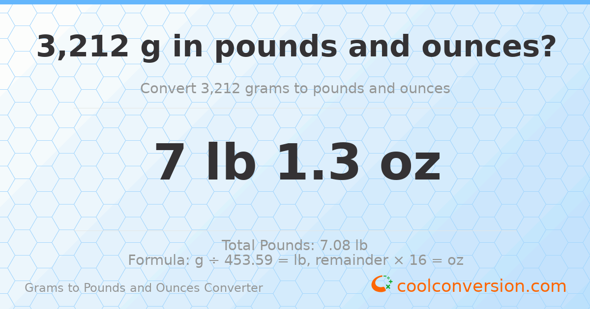 3212 g to lb and oz — 3212 g = 7 lb 1.3 oz