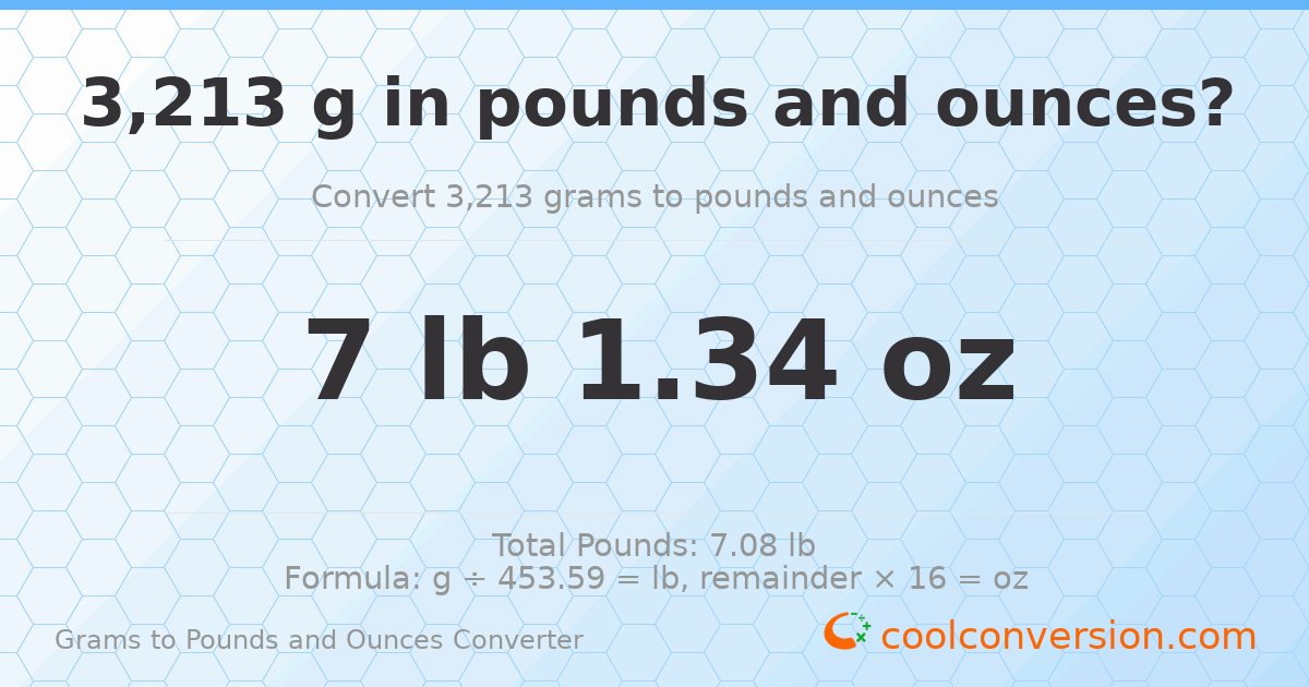 3213 g to lb and oz — 3213 g = 7 lb 1.34 oz
