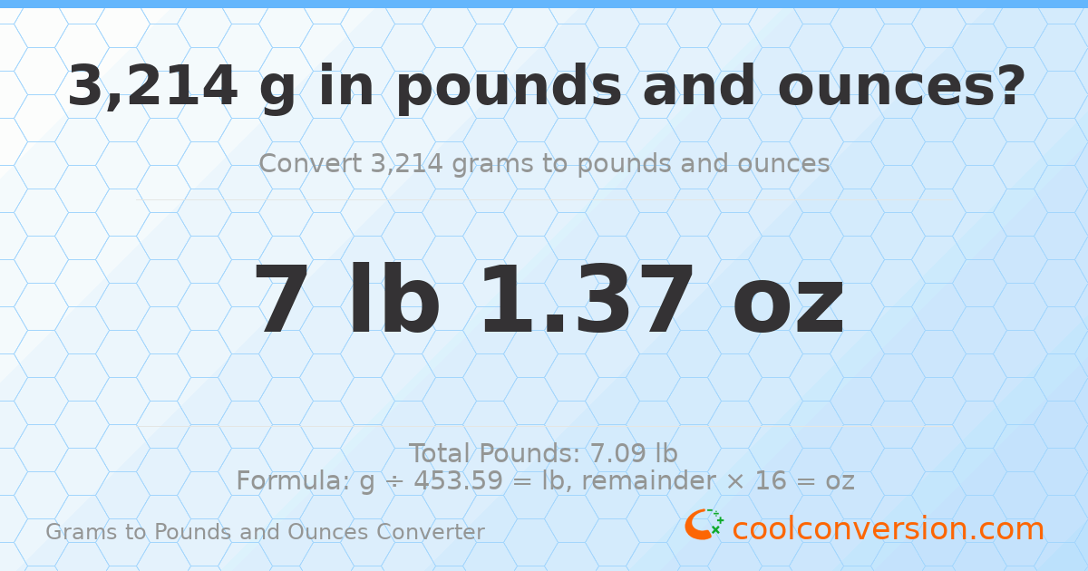 3214 g to lb and oz — 3214 g = 7 lb 1.37 oz