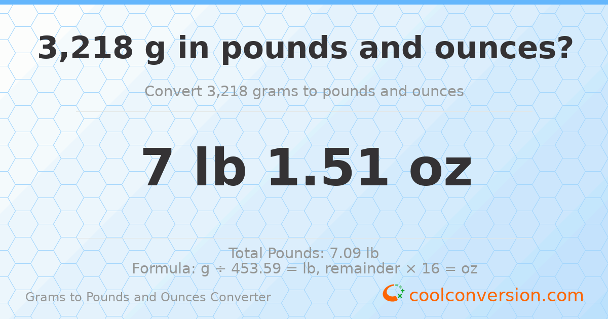 3218 g to lb and oz — 3218 g = 7 lb 1.51 oz