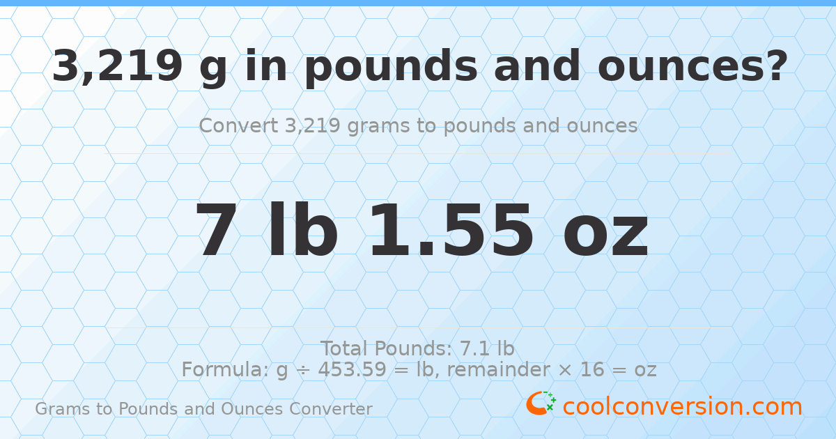 3219 g to lb and oz — 3219 g = 7 lb 1.55 oz