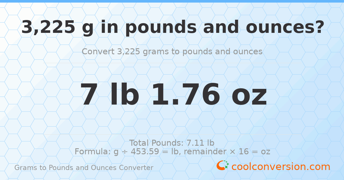 3225 g to lb and oz — 3225 g = 7 lb 1.76 oz