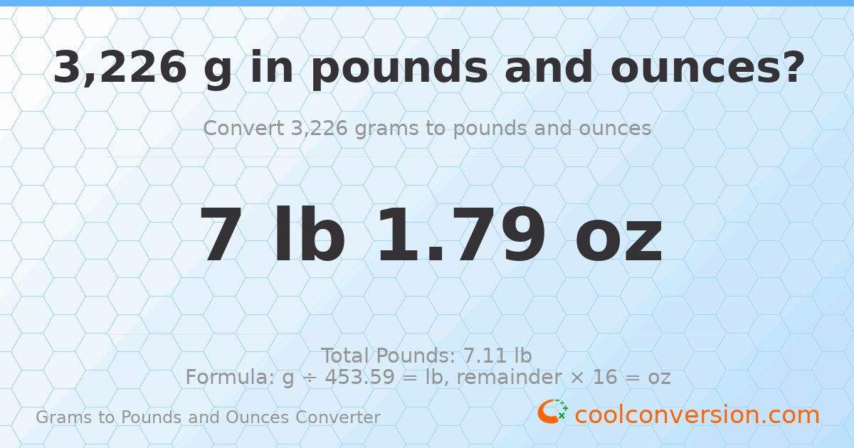 3226 g to lb and oz — 3226 g = 7 lb 1.79 oz