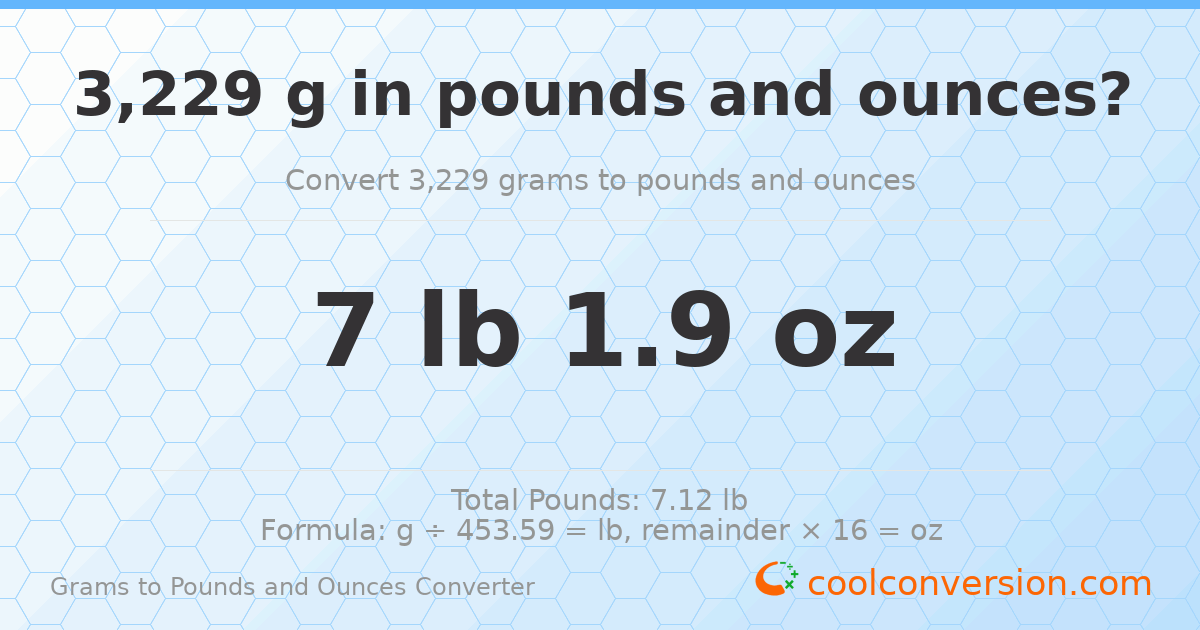 3229 g to lb and oz — 3229 g = 7 lb 1.9 oz