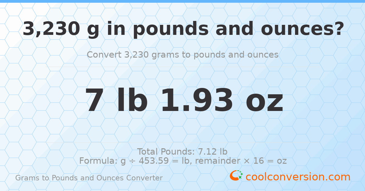 3230 g to lb and oz — 3230 g = 7 lb 1.93 oz