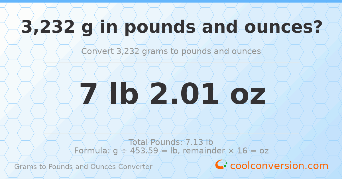 3232 g to lb and oz — 3232 g = 7 lb 2.01 oz
