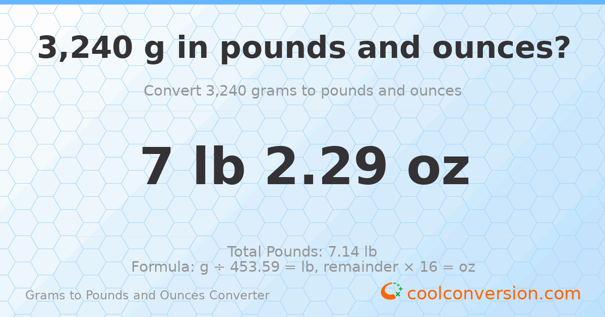 3240 g to lb and oz — 3240 g = 7 lb 2.29 oz