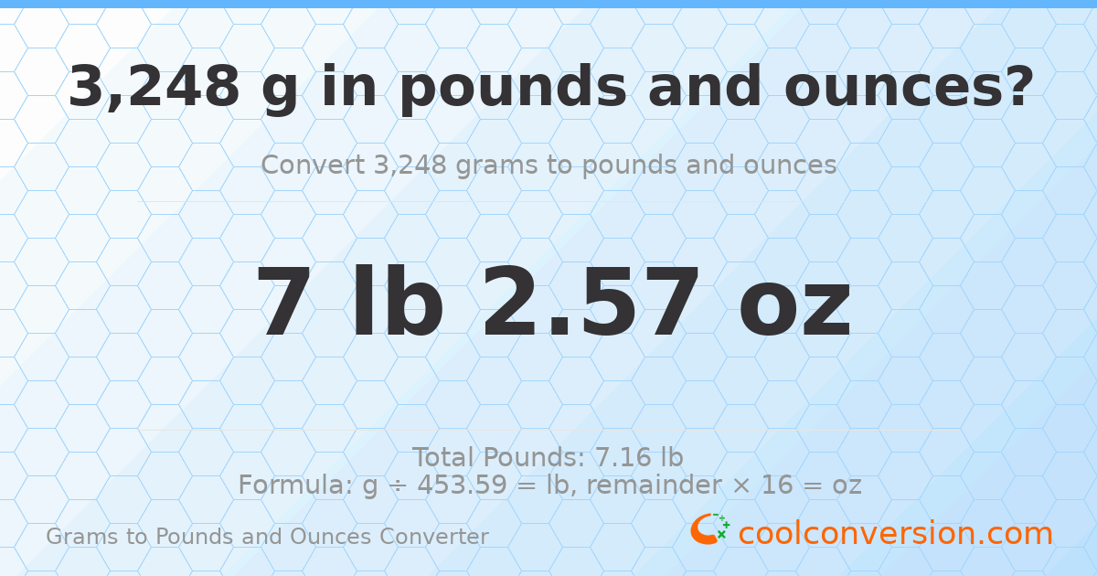 3248 g to lb and oz — 3248 g = 7 lb 2.57 oz