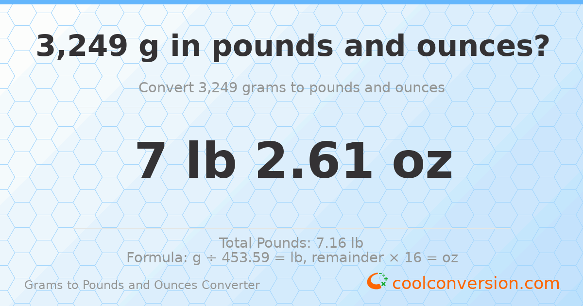 3249 g to lb and oz — 3249 g = 7 lb 2.61 oz