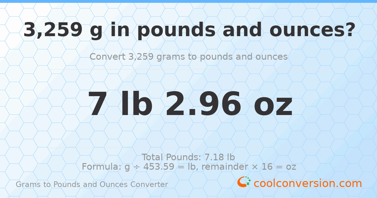 3259 g to lb and oz — 3259 g = 7 lb 2.96 oz
