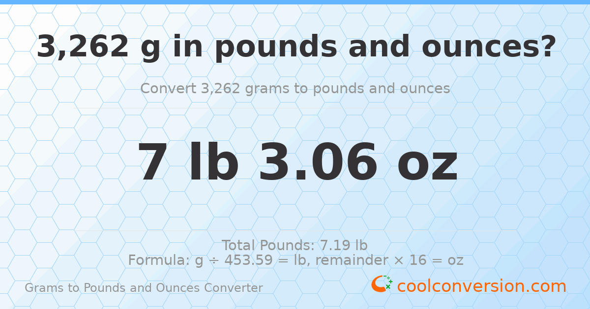 3262 g to lb and oz — 3262 g = 7 lb 3.06 oz