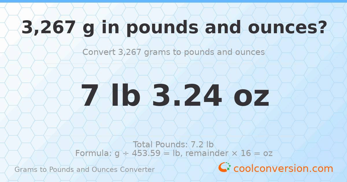 3267 g to lb and oz — 3267 g = 7 lb 3.24 oz