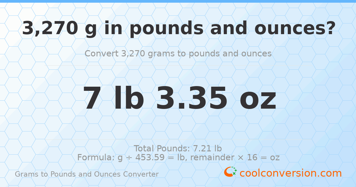 3270 g to lb and oz — 3270 g = 7 lb 3.35 oz