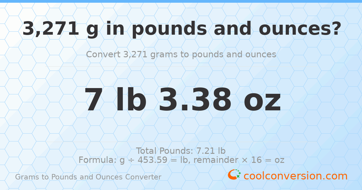 3271 g to lb and oz — 3271 g = 7 lb 3.38 oz