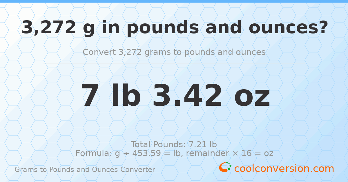 3272 g to lb and oz — 3272 g = 7 lb 3.42 oz
