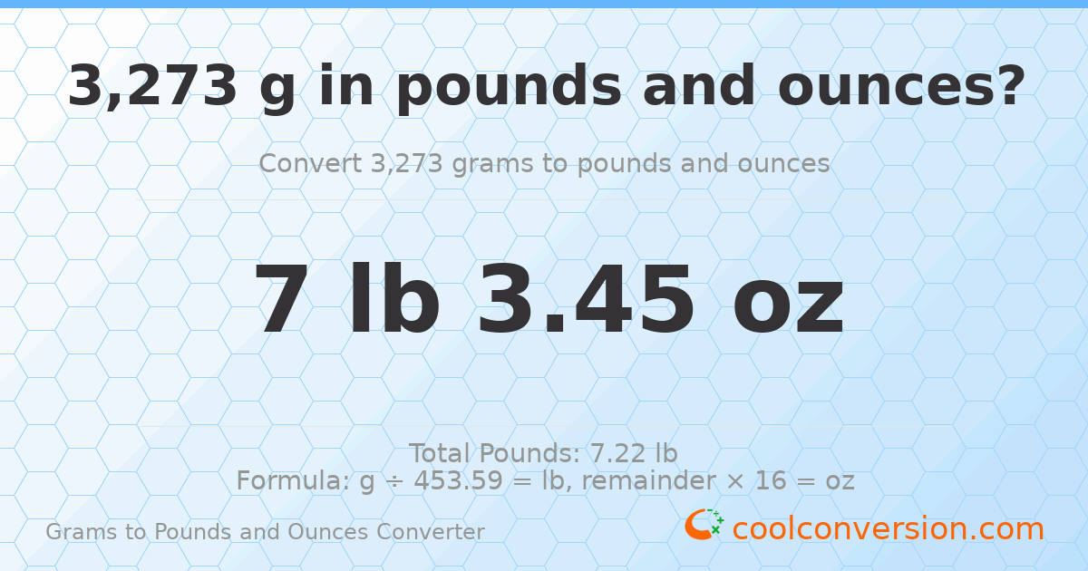 3273 g to lb and oz — 3273 g = 7 lb 3.45 oz