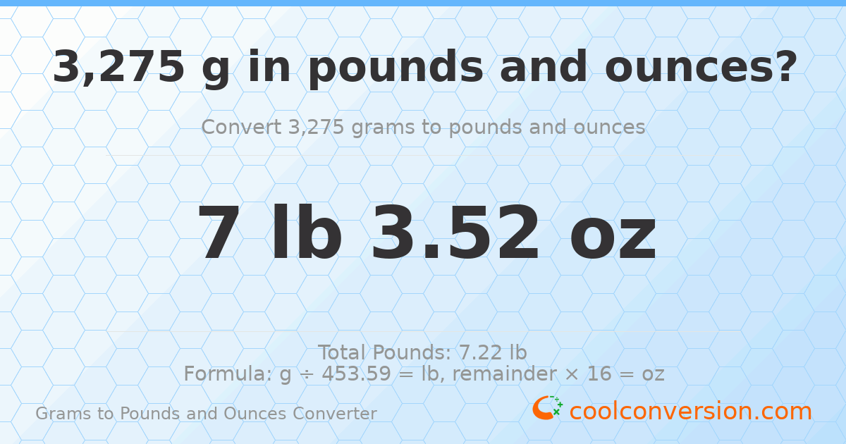 3275 g to lb and oz — 3275 g = 7 lb 3.52 oz