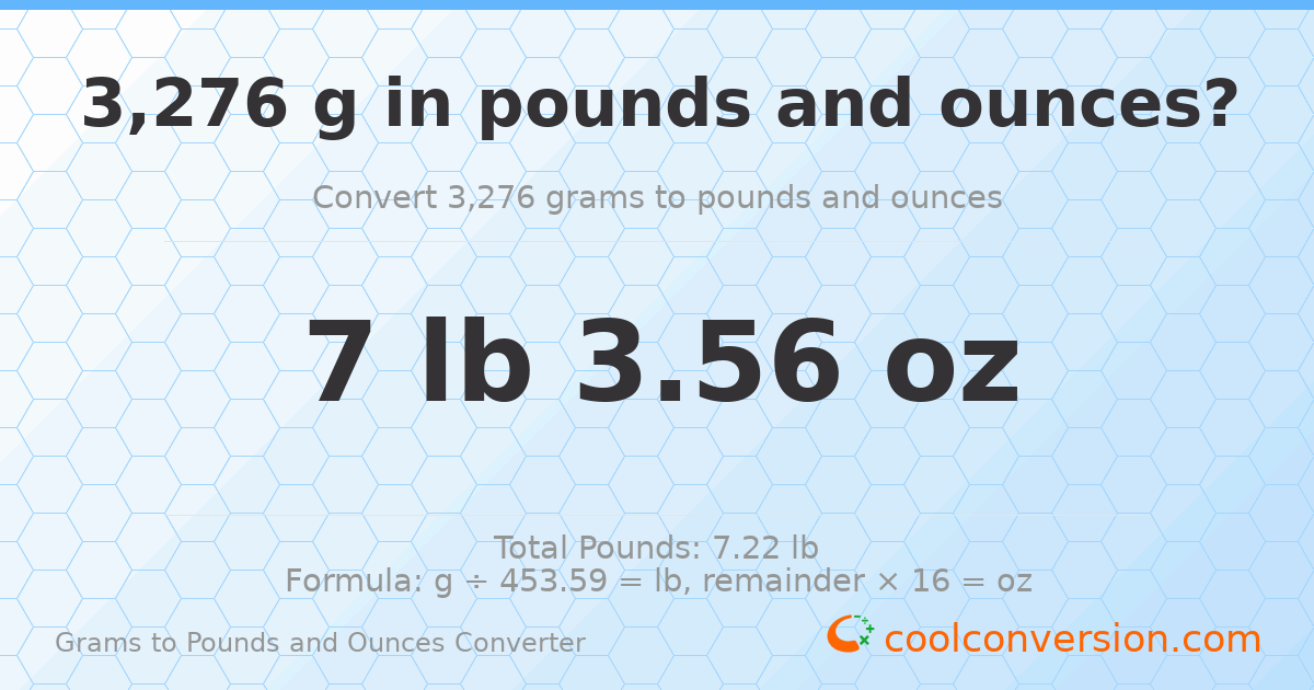 3276 g to lb and oz — 3276 g = 7 lb 3.56 oz