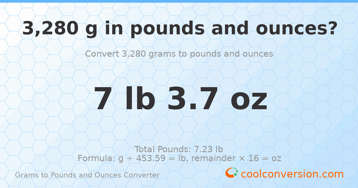 3280 g to lb and oz — 3280 g = 7 lb 3.7 oz