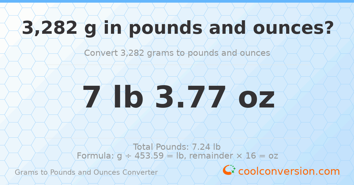3282 g to lb and oz — 3282 g = 7 lb 3.77 oz