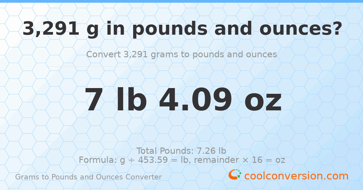 3291 g to lb and oz — 3291 g = 7 lb 4.09 oz