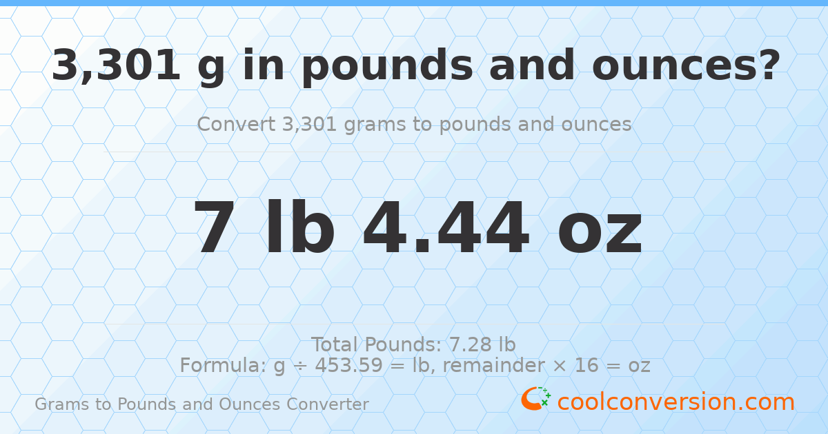 3301 g to lb and oz — 3301 g = 7 lb 4.44 oz