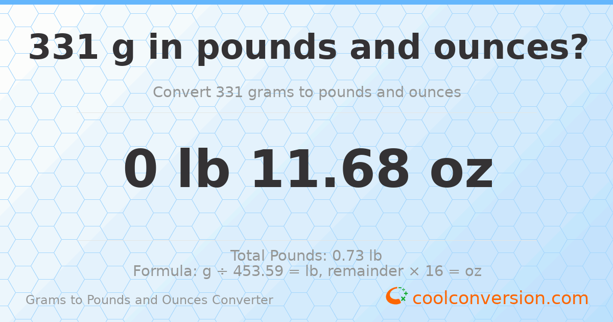 331 g to lb and oz — 331 g = 0 lb 11.68 oz