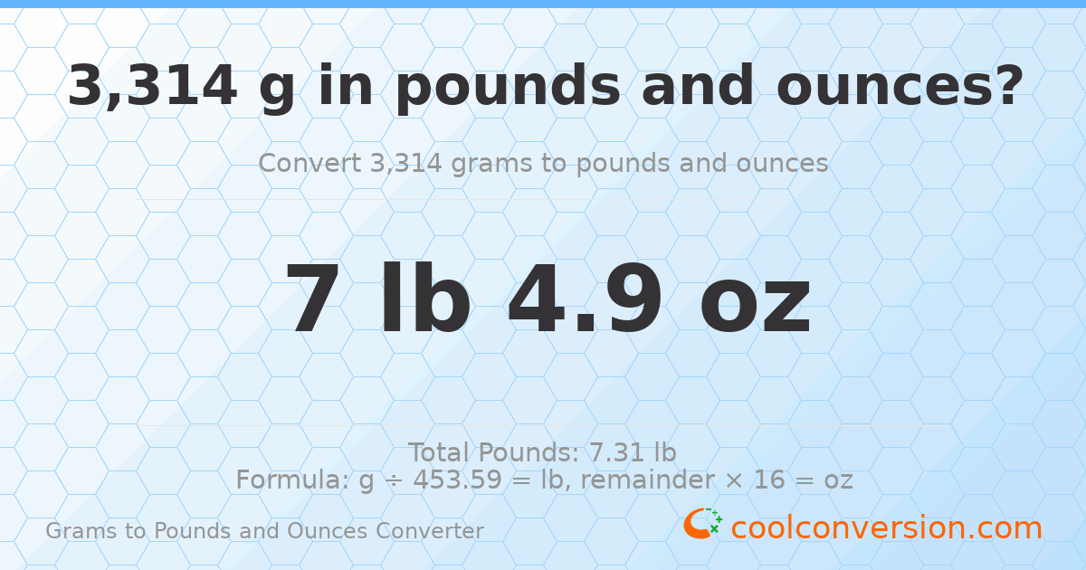 3314 g to lb and oz — 3314 g = 7 lb 4.9 oz