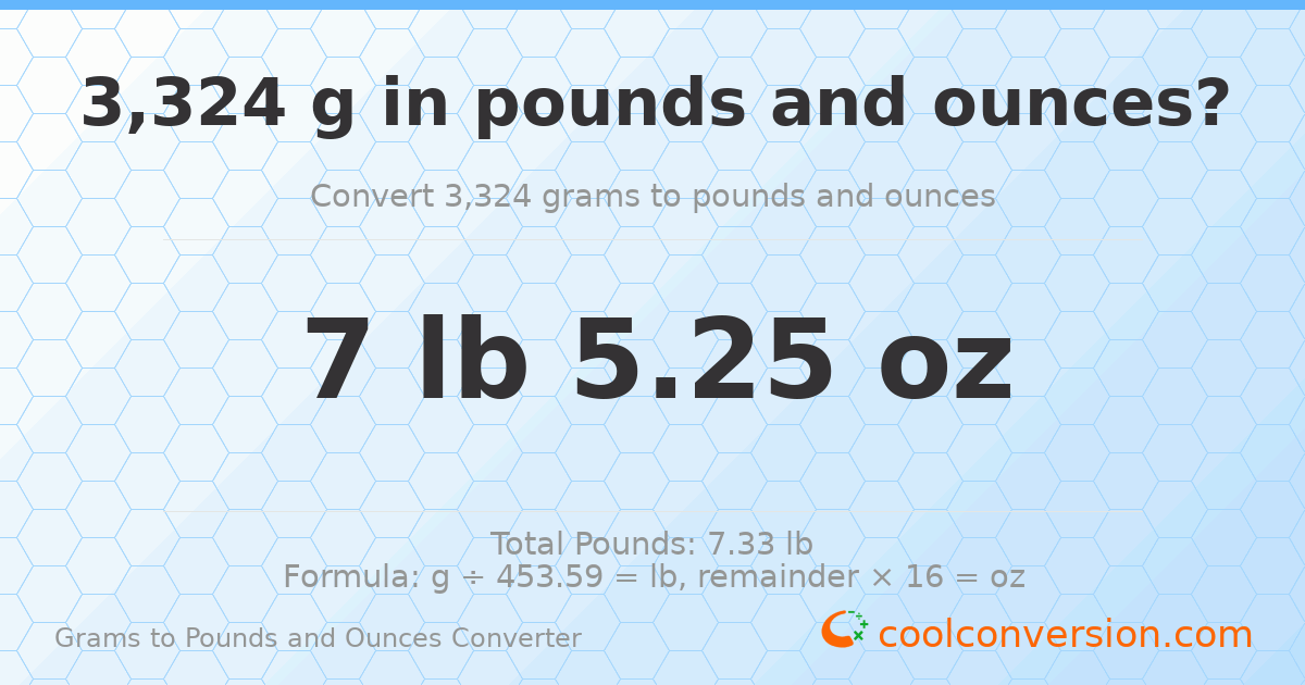 3324 g to lb and oz — 3324 g = 7 lb 5.25 oz