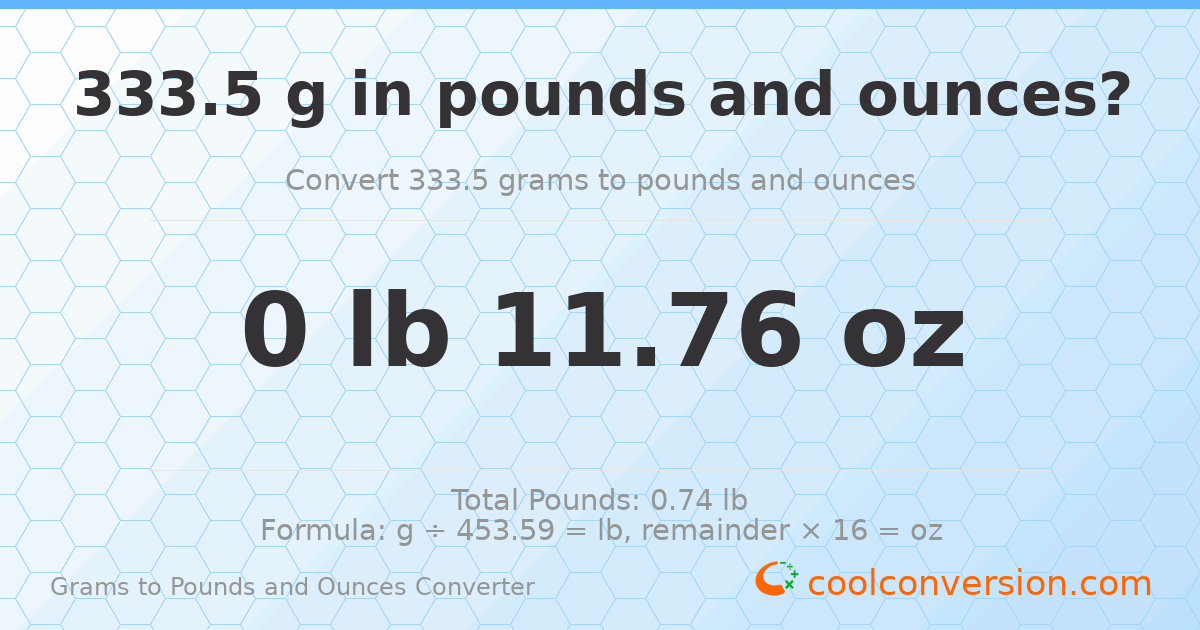 333.5 g to lb and oz — 333.5 g = 0 lb 11.76 oz
