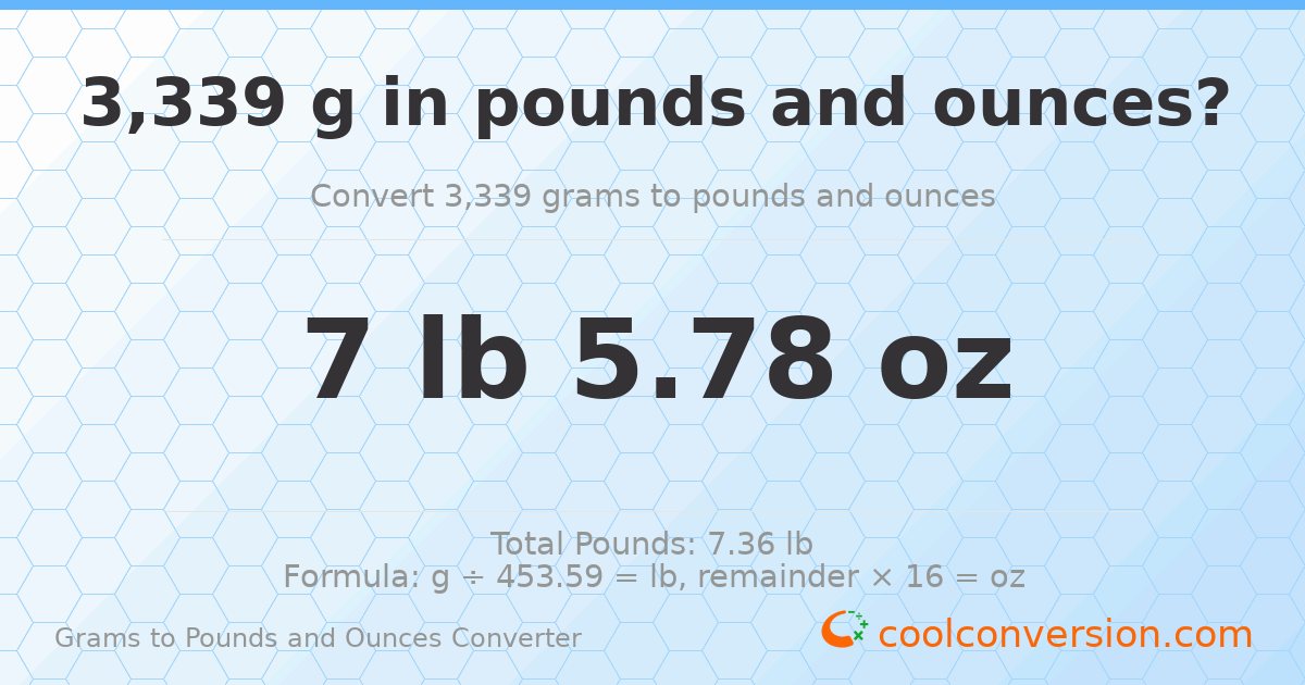 3339 g to lb and oz — 3339 g = 7 lb 5.78 oz