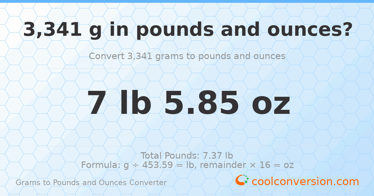 3341 g to lb and oz — 3341 g = 7 lb 5.85 oz