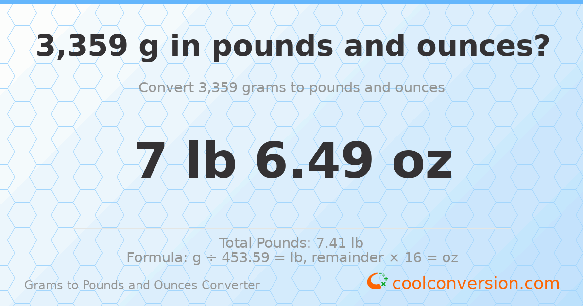 3359 g to lb and oz — 3359 g = 7 lb 6.49 oz