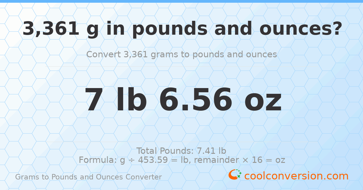 3361 g to lb and oz — 3361 g = 7 lb 6.56 oz