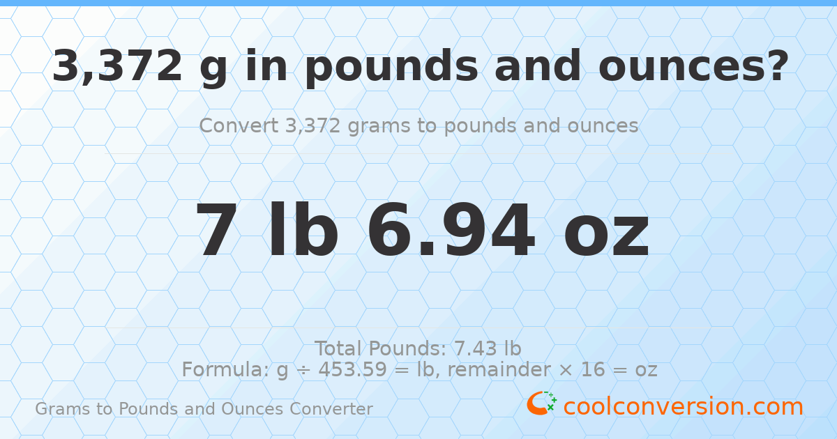 3372 g to lb and oz — 3372 g = 7 lb 6.94 oz