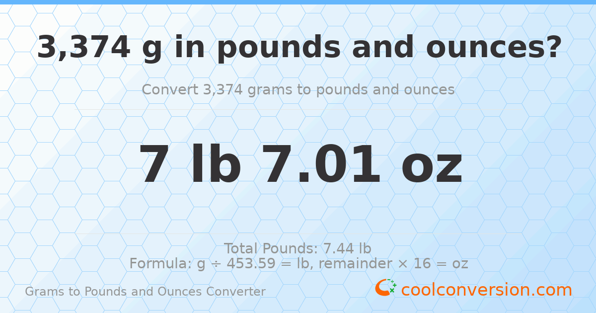 3374 g to lb and oz — 3374 g = 7 lb 7.01 oz